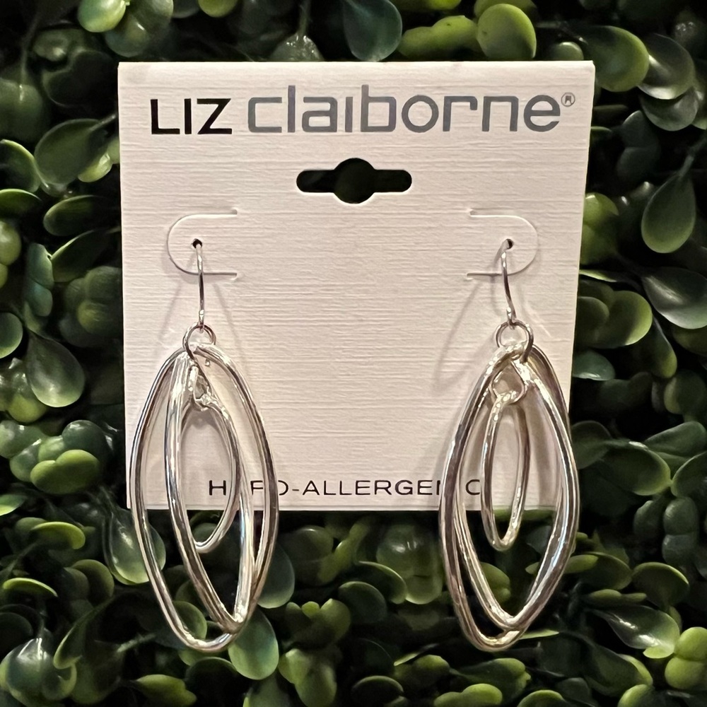 Liz Claiborne Silver Tone Triple Oval Dangle Earrings NWT